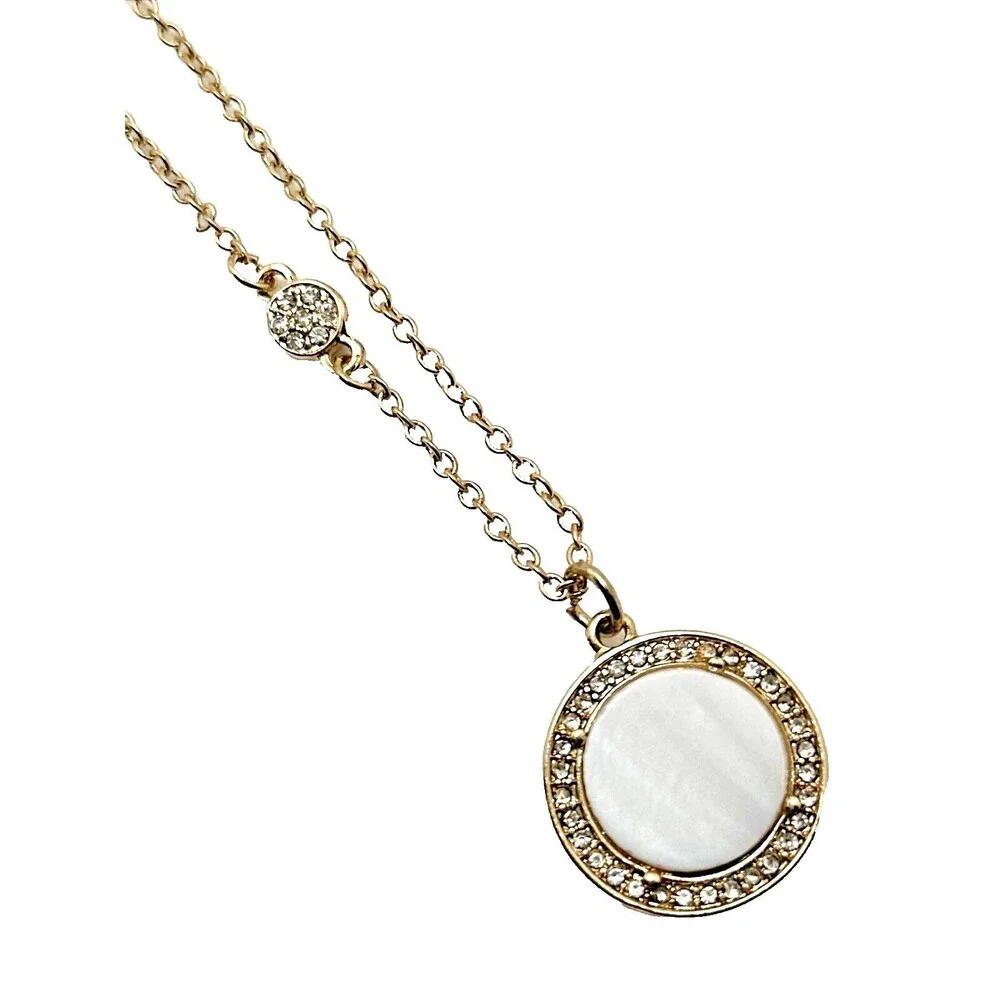 New Noblesse Mother of Pearl Necklace Earrings Set Rhinestone Gold Tone NWT